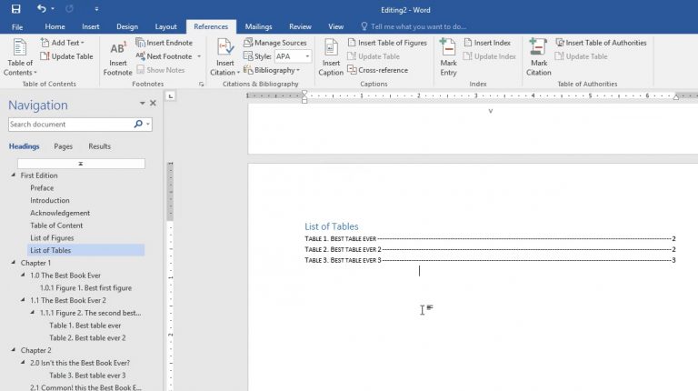 List of Tables Office 2016